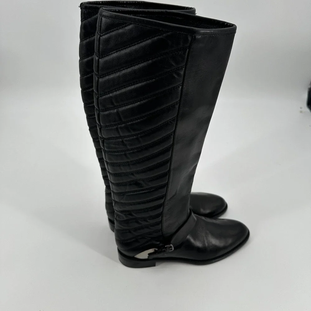 Stuart Weitzman Black Leather Knee High‎ Boots Raceway Quilted Side Buckle 6.5 M